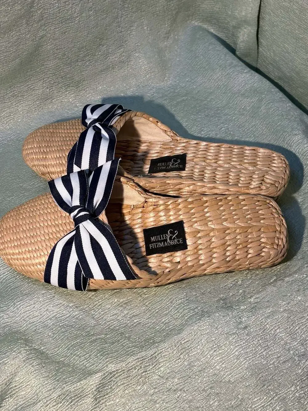 Mullen & Fitzmaurice Woven Straw Beach Sandals with Blue and White Striped Bow
